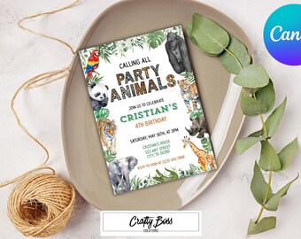 May include: A jungle-themed party invitation with a green, brown, and white color scheme. The invitation features a variety of animals, including a parrot, panda, tiger, giraffe, and rhinoceros. The text on the invitation reads "Calling all Party Animals, Join us to celebrate Cristian's 4th Birthday".