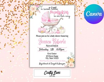 Fall Baby Shower Invitation Template, A Little Pumpkin is on the way, Girl Baby shower invitation, printable invitation, instant download