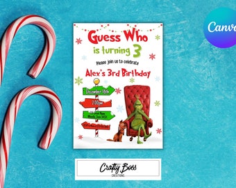 Green grumpy guy Birthday Invitation | Christmas birthday invitation | Christmas boy birthday | editable invitation template