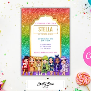 Modeverjaardagsfeestje, regenboog hoge pop uitnodiging, glamourverjaardag, regenboogverjaardag, verjaardagsuitnodiging meisjes, digitale uitnodiging