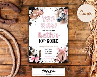 Zaproszenie na przyjęcie urodzinowe Cowgirl, Przyjęcie urodzinowe dla dziewcząt, Zaproszenie w stylu country western, zaproszenie Coquette Cowgirl, Zaproszenie Yee Haw