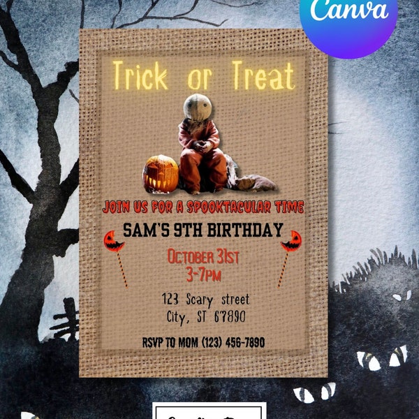 Kids Halloween Birthday Party Invitation, Halloween Birthday, Sam trick or treat, Editable Canva template, Digital invitation