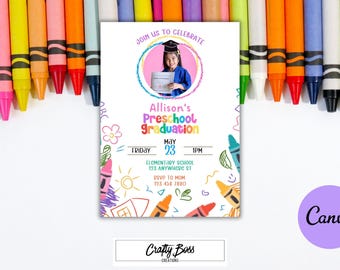 May include: A white invitation for Allison's preschool graduation, featuring a photo of a child in a graduation cap. The invitation includes colorful crayon illustrations and the text "Join Us To Celebrate". The Canva logo is visible.