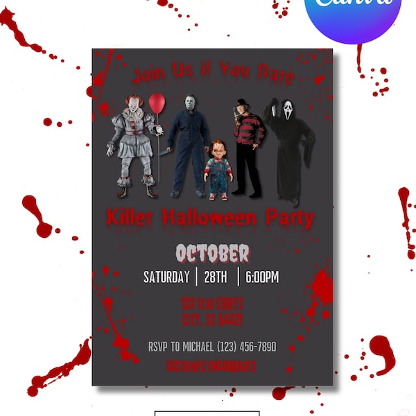 Killer Halloween Party Invitation, Editable Canva Template, Adult halloween party Invitation, Costume party invitation, horror killer invite