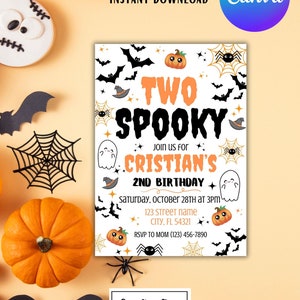 Spooky Two Birthday Invitation, Halloween Birthday Invitation, Kids halloween party invitation, Editable Template, Instant download