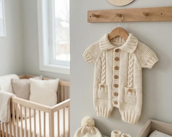 Acorn Romper Knitting Pattern – Baby Set, Beanie & Booties (0-3 Month)
