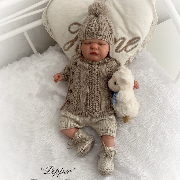 A "Pepper” Side opening top and lace up  boot set Knitting pattern for Reborn doll 16 -22” or 0-3 Mth Old Baby