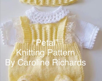 A "Petal” Romper / Dungaree 4 piece set Knitting pattern for Reborn doll 16 -22” or 0-3 Mth Old Baby