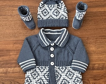 A &quot;Maze” 3 Piece Coat Set Knitting pattern for Reborn doll 16-22” or 0-3 Month Old Baby
