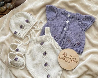 A "Isabelle” 4 Piece Knitting pattern set for Reborn doll 16 -22” or 0-3 Month Old Baby