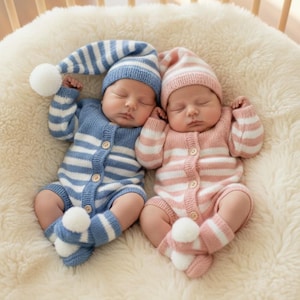 Puede incluir: Dos bebés durmiendo con conjuntos de punto a rayas a juego y gorros. Uno viste de azul y blanco, el otro de rosa y blanco. Los conjuntos incluyen peleles abotonados, gorros y patucos con pompones. Están sobre una superficie cremosa y esponjosa.