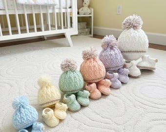 Knit Baby Hat & Shoes Gift Set Pattern, 6 Sizes (PDF Pattern)
