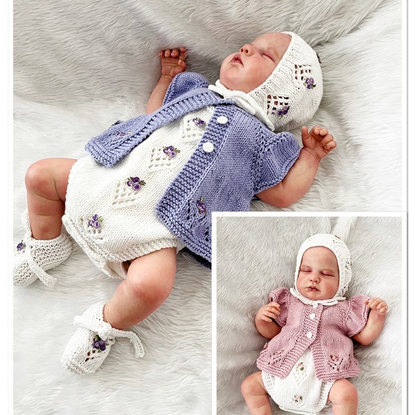 A "Isabelle” 4 Piece Knitting pattern set for Reborn doll 16 -22” or 0-3 Month Old Baby