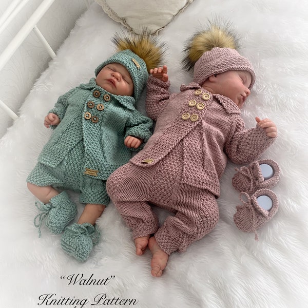 A "walnut” 4 piece knitting pattern set for a reborn doll 16 -22” or 0-3 Month Old Baby