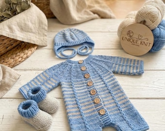 Patrón de tejido para un conjunto de pelele "Elijah" para una muñeca reborn de 40 a 56 cm o un bebé de 0 a 3 meses.