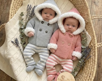 Fur Trim Jacket & Pant Set Knitting Pattern – Reborn Doll, 0-3 Month Baby (PDF Pattern)