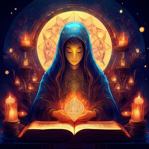 Puede incluir: Una mujer con una t&uacute;nica azul con capucha sostiene un orbe brillante en sus manos. Est&aacute; sentada en una mesa con un gran libro abierto frente a ella. La escena est&aacute; iluminada por velas y tiene un ambiente m&aacute;gico y m&iacute;stico.