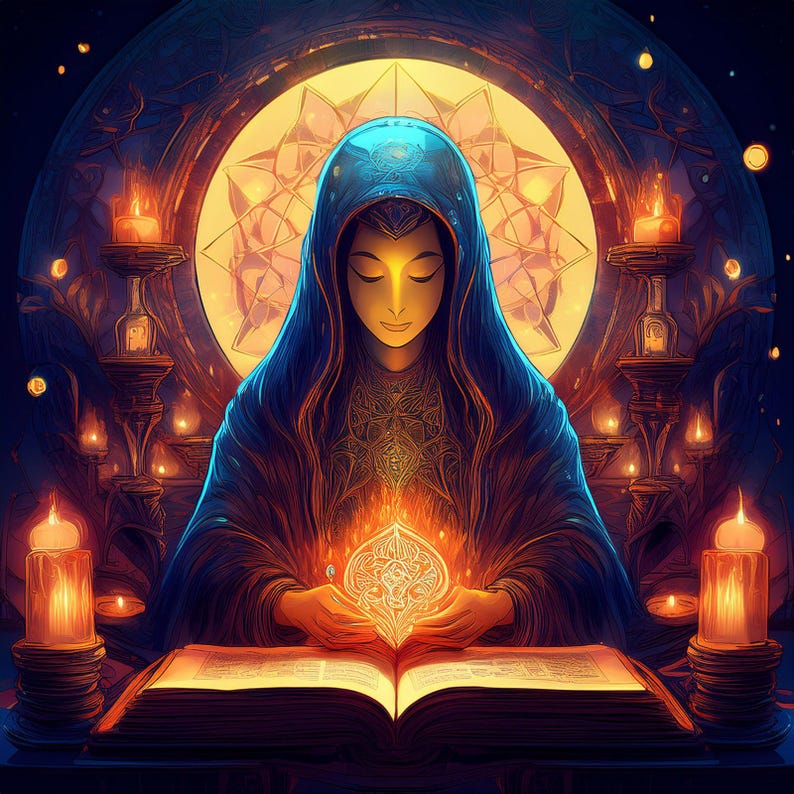 Puede incluir: Una mujer con una t&uacute;nica azul con capucha sostiene un orbe brillante en sus manos. Est&aacute; sentada en una mesa con un gran libro abierto frente a ella. La escena est&aacute; iluminada por velas y tiene un ambiente m&aacute;gico y m&iacute;stico.