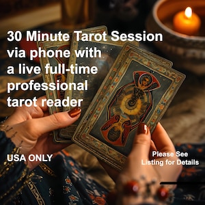 May include: A person's hands holding a set of tarot cards, with one card showing a detailed illustration of a woman with a large eye in the center. The text "30 Minute Tarot Session via phone with a live full-time professional tarot reader USA ONLY Please See Listing for Details" is visible in the image.
