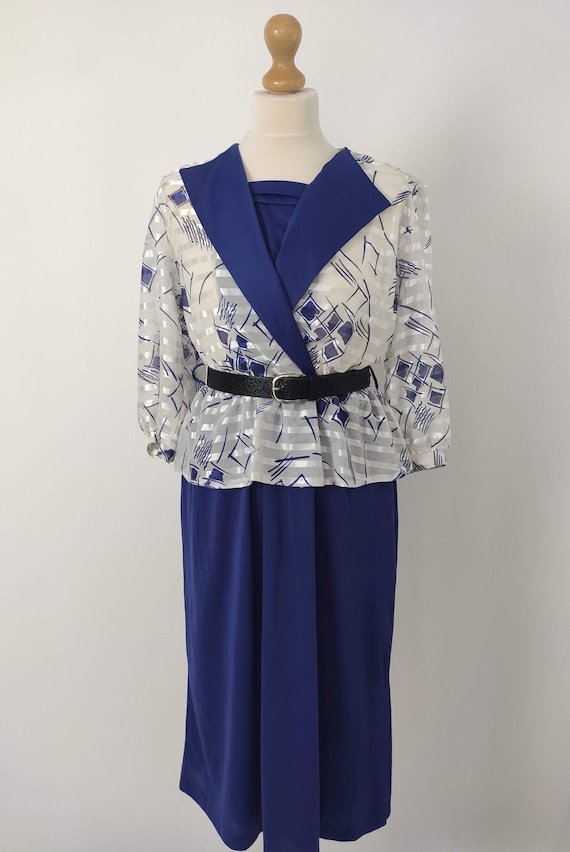 80's vintage Blue white midi dress Pemplum dress C