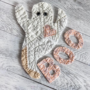 Primitive Style Vintage Quilt Halloween Ghost & BOO Sew On Appliques 4 Piece Set Patchwork Primitive Kitschy Halloween DIY Sew On Patches