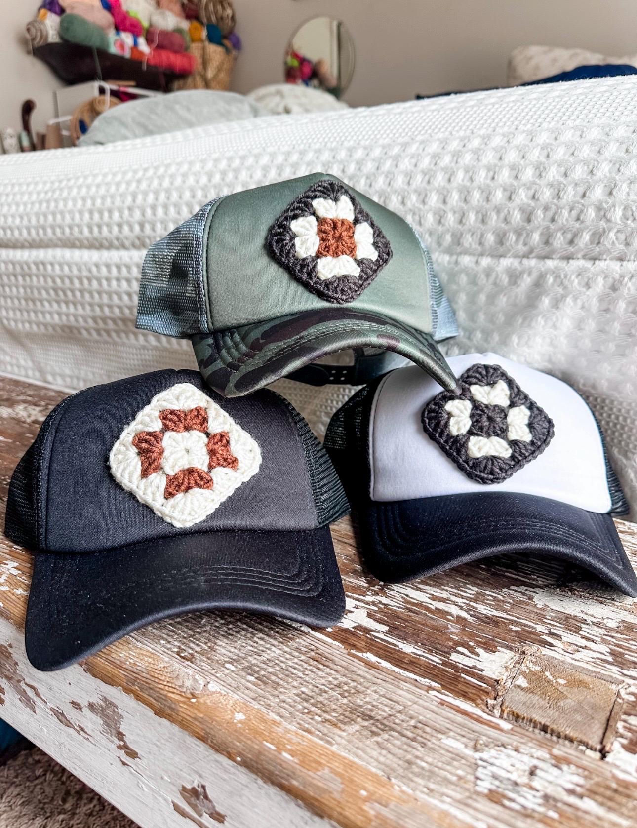 Crochet Granny Square Trucker Hat ? Blue Ponytail Baseball Cap Adjustable Boho Little Bird Trucking Granny Square Hats – Little Bird  main image 3