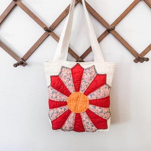 Vintage Quilt Tote Bag Quilted Tote Bag Shoulder Bag Vintage Linen Book Bag Market Bag