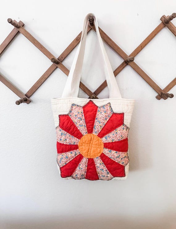 Vintage Quilt Tote Bag Quilted Tote Bag Shoulder Bag Vintage Linen Book Bag Market Bag