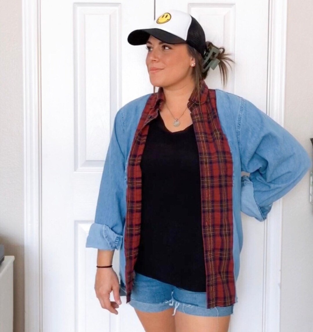 Flannel Denim Shirt Rework Flannel Sleeve Button Front Upcycled Rework