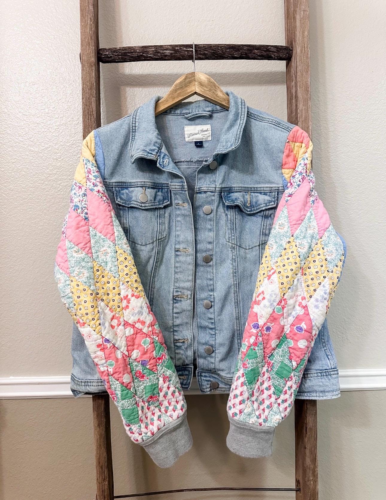 Large Quilted Sleeve Denim Jacket Refashion Upcycled Quilt 