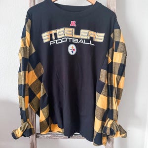 Flannel Rework - Pittsburgh Steelers Flannel Sleeve Pullover NFL Upcycled Rework Fall Pullover Upcycled Sustainable