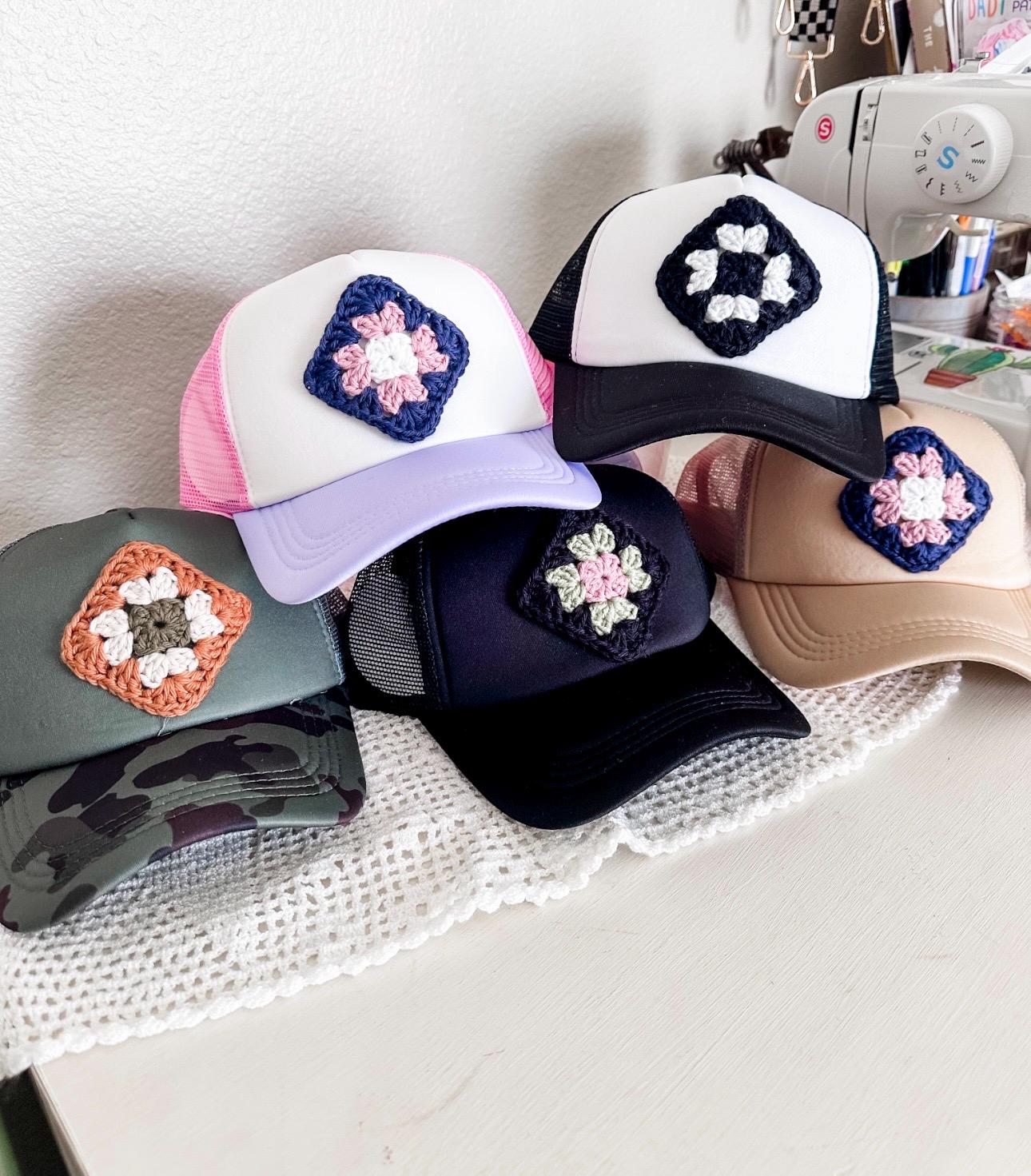 Crochet Granny Square Trucker Hat ? Blue Ponytail Baseball Cap Adjustable Boho Little Bird Trucking Granny Square Hats – Little Bird  main image 2