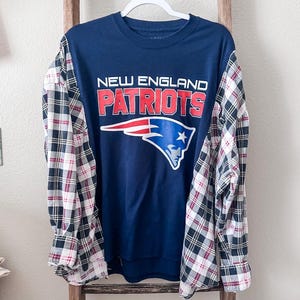 Refashioned Flannel Rework New England Patriots Flannel Sleeve Pullover NFL Upcycled Rework Fall Pullover Upcycled Sustainable