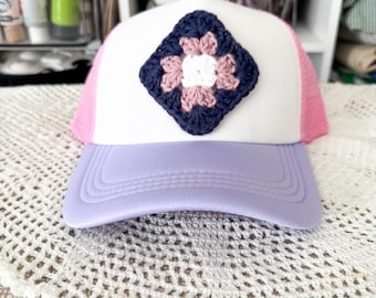 Crochet Trucker Hat Granny Square Hat Crochet Patch Hat Boho Crochet Cap Retro Trucker Hat Festival Hat Trendy Summer Hat Vintage Crochet