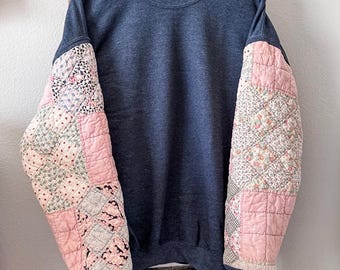 Quilted Sleeve Sweatshirt Pullover Refashion Upcycled Quilt Clothing Repurposed Sweatshirt Vintage Quilt Pieced Sweatshirt