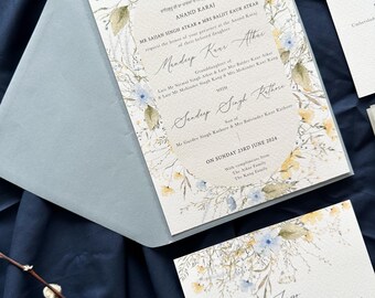 Modèle floral de faire-part de mariage sikh - jaune et bleu, modifiable (téléchargement numérique)