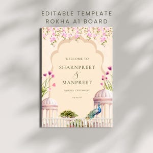 May include: A decorative A1 board with the text "WELCOME TO SHARNPREET & MANPREET ROKHA CEREMONY 04.04.26". The design features floral accents, a peacock, and architectural elements in a soft color palette.