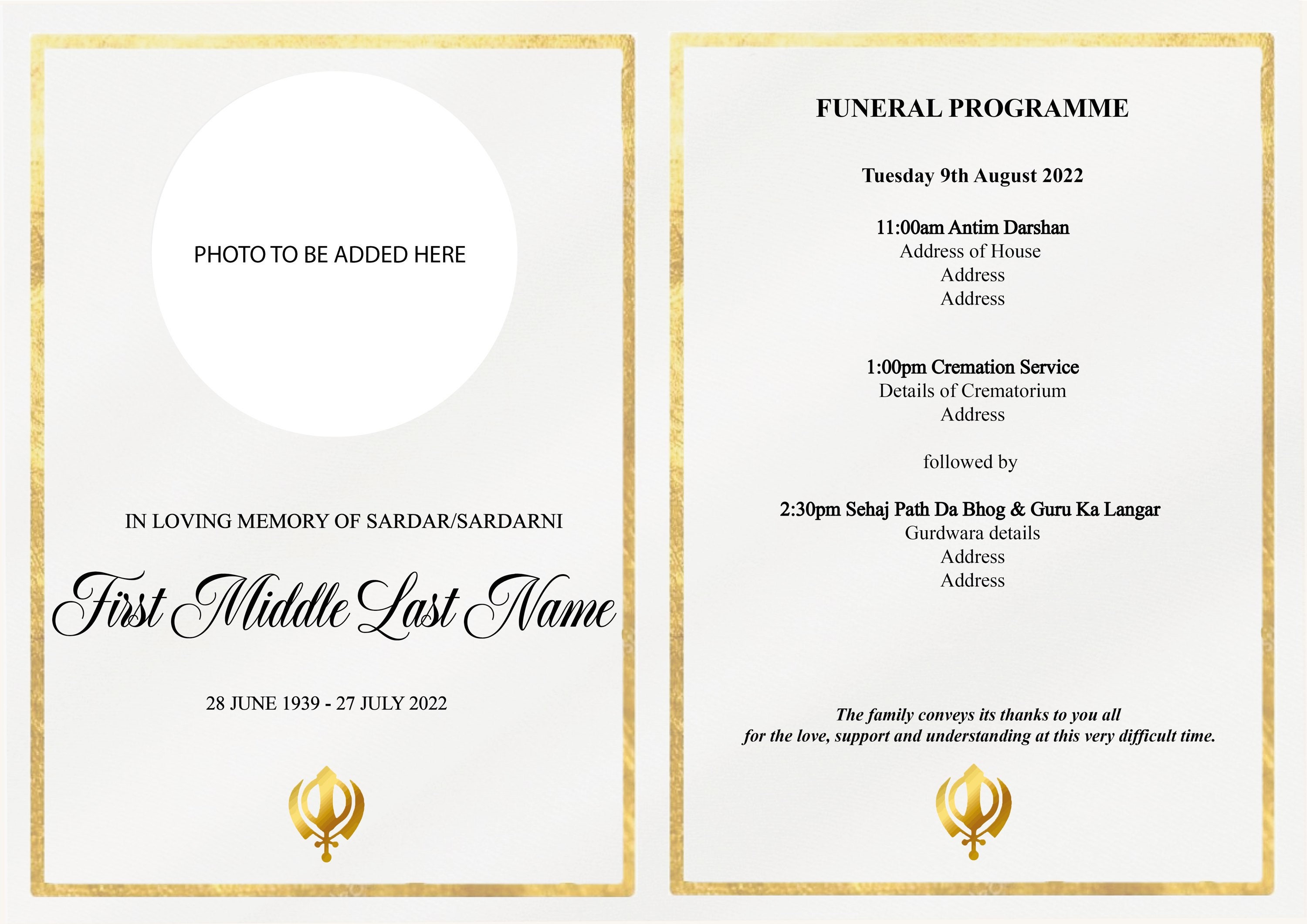 Punjabi Sikh Funeral Programme Digital Personalised Portrait