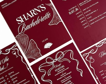 Bachelorette Party Games & Stationery Bundle | Burgundy Gold Canva Templates (Instant Download)