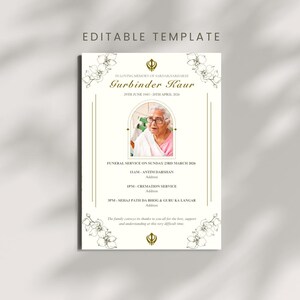 Könnte beinhalten: Eine editierbare Vorlage für eine Gedenkfeier-Ankündigung. Das Design zeigt florale Akzente, ein Foto und Text, einschließlich des Namens "Gurbinder Kaur" und Daten. Die Ankündigung enthält Servicedetails.