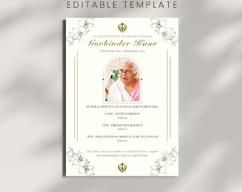 Programme d'enterrements sikhs du Pendjab | Numérique | Modifiable | Portrait et paysage | Envoyer via WhatsApp | Format JPG/PNG