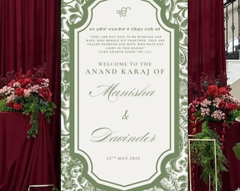 Modèle de plaque de bienvenue de luxe Anand Karaj | Tableau en toile de mariage sikh pendjabi (6 x 3 pi)