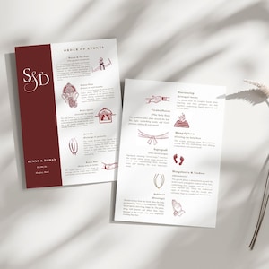 May include: Two wedding event programs with a burgundy and white color scheme. The left program has the initials "S&D" and the names "Sunny & Daman". The right program lists wedding events with illustrations in a red hue.