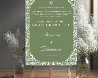 Modèle A1 de plaque de bienvenue Anand Karaj | Plaque de mariage sikh modifiable sur Canva | Conseil d'administration | Conception uniquement | Impression Foamex