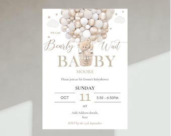 Faire-part de baby shower ours brun, montgolfière bohème (numérique)