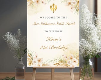 Panneau de bienvenue sikh Sukhmani Paath Board pour les anniversaires, les mariages ou toute autre occasion | Panneau de bienvenue pendjabi | Design numérique uniquement A1 Gold Bienvenue