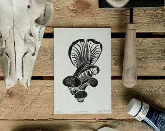Oyster Mushroom Linocut Print – Black and White 4x6 Botanical Art – Handmade Woodcut Mycology Illustration