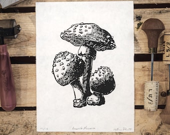 Amanita Muscaria Linocut Print – Black and White 6x8 Mushroom Art – Handmade Botanical Linocut Illustration
