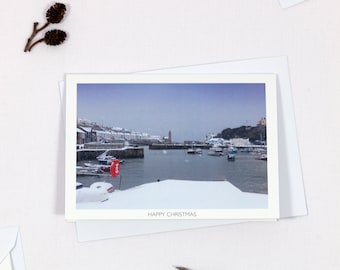 Cornish Christmas Card | Snowfall in the Harbour | Porthleven, Cornwall |