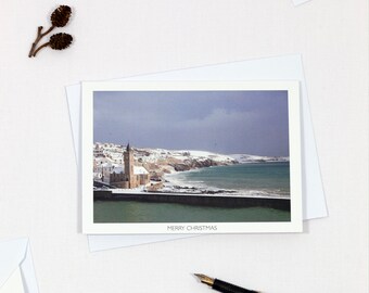 Cornish Christmas Card | Snowy Clocktower | Porthleven, Cornwall |